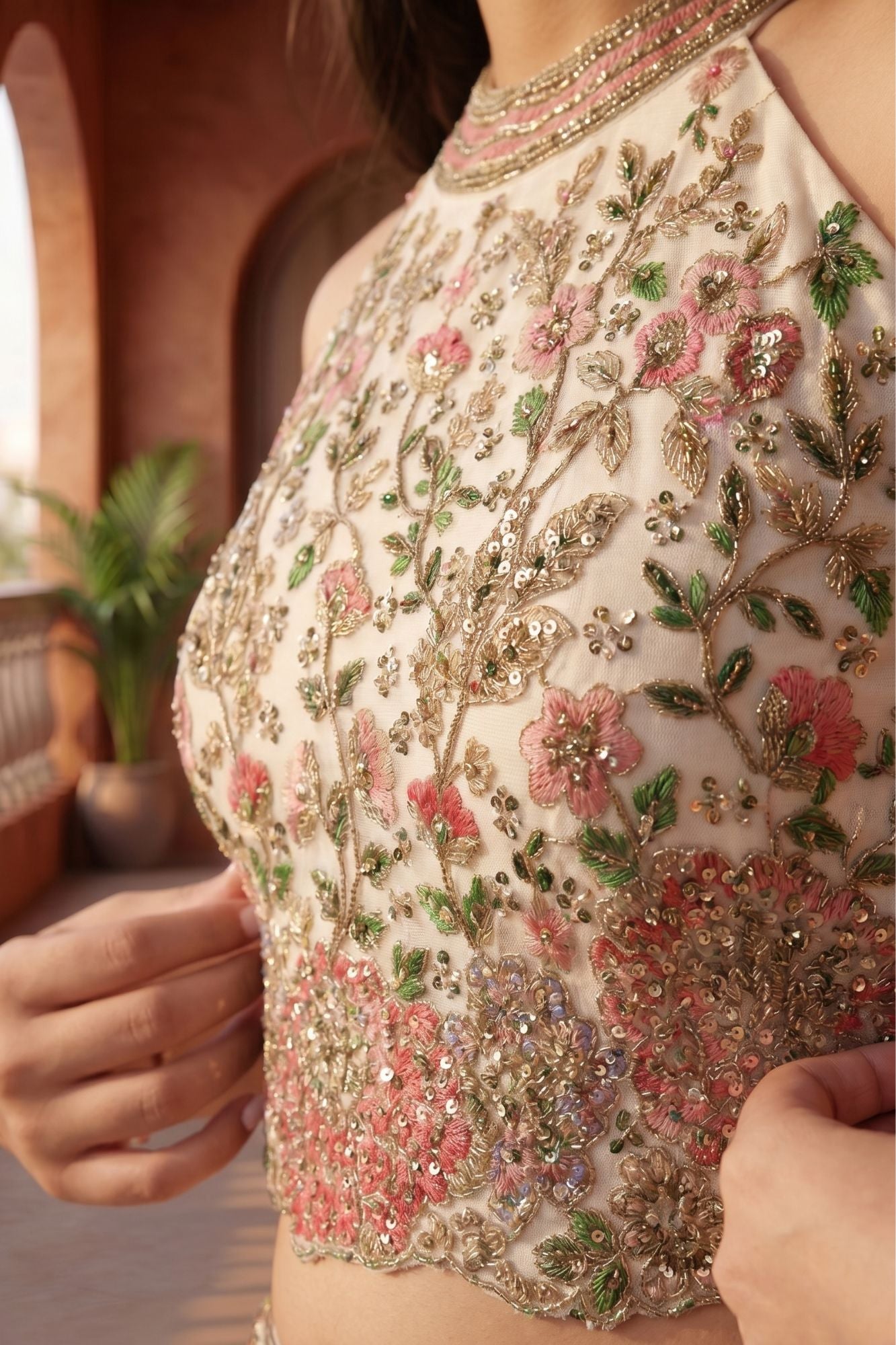 Luxury Cream Sequin Embroidered Lehenga Choli with Floral Motifs For Girls
