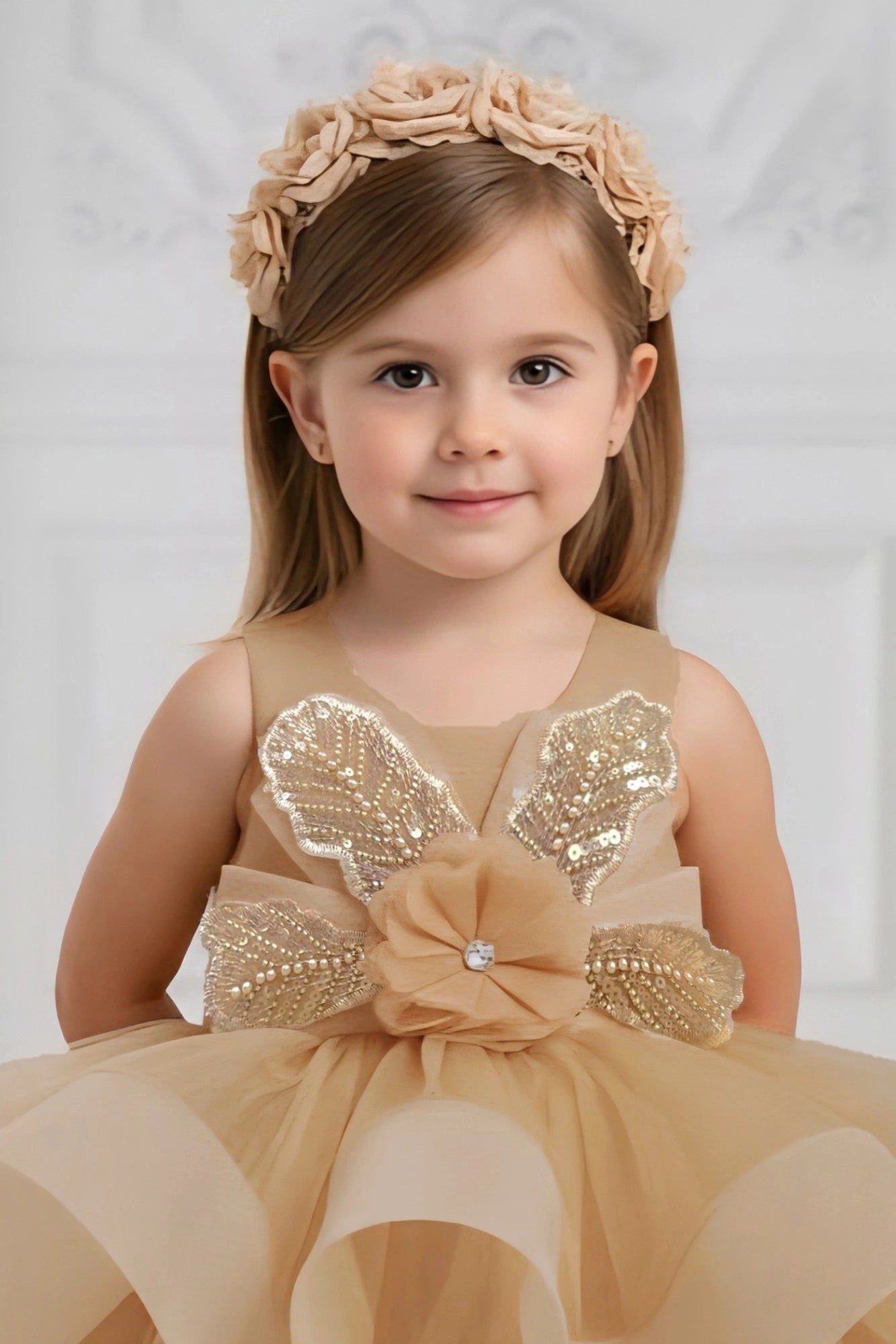 Golden Party Frock with Sequin Bow Accent For Girls