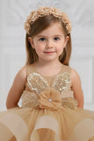 Golden Party Frock with Sequin Bow Accent For Girls