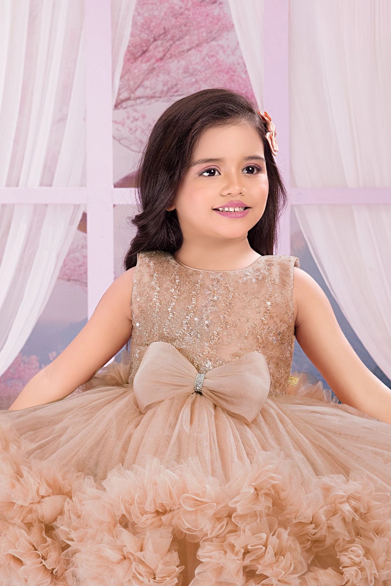 Fawn Sequin Bodice Party Wear Frock with Ruffle Hem & Bow Accent For Girls