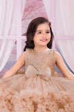 Fawn Sequin Bodice Party Wear Frock with Ruffle Hem & Bow Accent For Girls