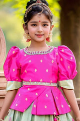 Pink And Green Puff Sleeves With Mirror Embroidery Work Pattu Pavadai Set For Girls