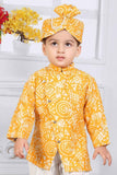 Yellow Full Sleeves Bandhani Printed Kurta Set For Boys