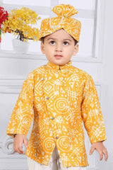 Yellow Full Sleeves Bandhani Printed Kurta Set For Boys