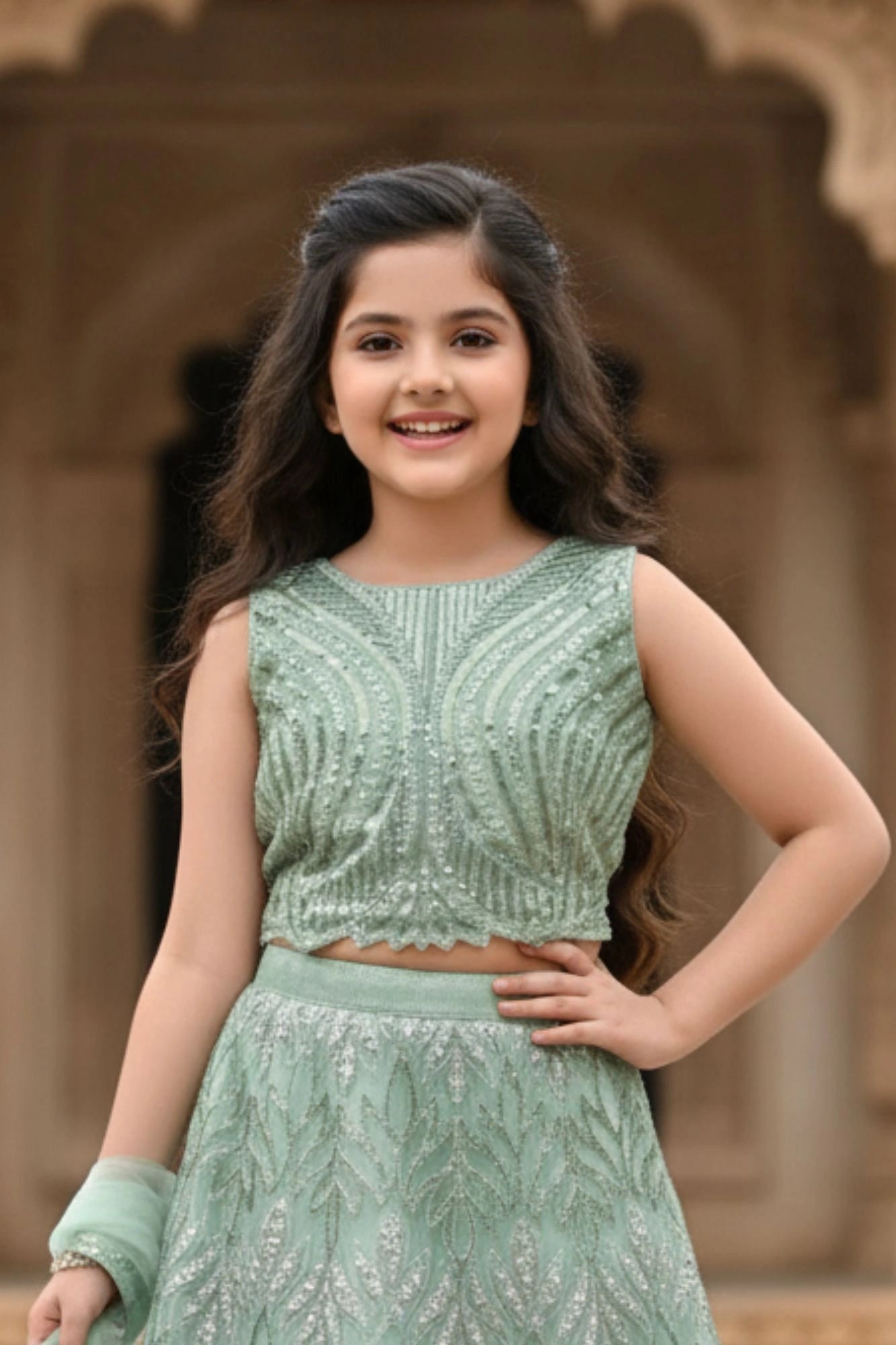 Mint Green Embroidered Lehenga Choli Set For Girls