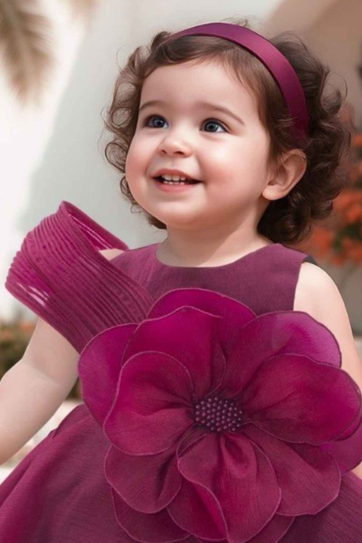 Wine Bloom Dress with Giant Flower Appliqué And Bow Detail For Girls