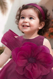 Wine Bloom Dress with Giant Flower Appliqué And Bow Detail For Girls