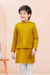 Classic Mustard Kurta Set With Bandi For Boys