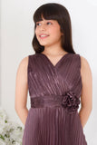 Wine Pleated Full-Length Party Gown with Floral Waist Detail For Girls