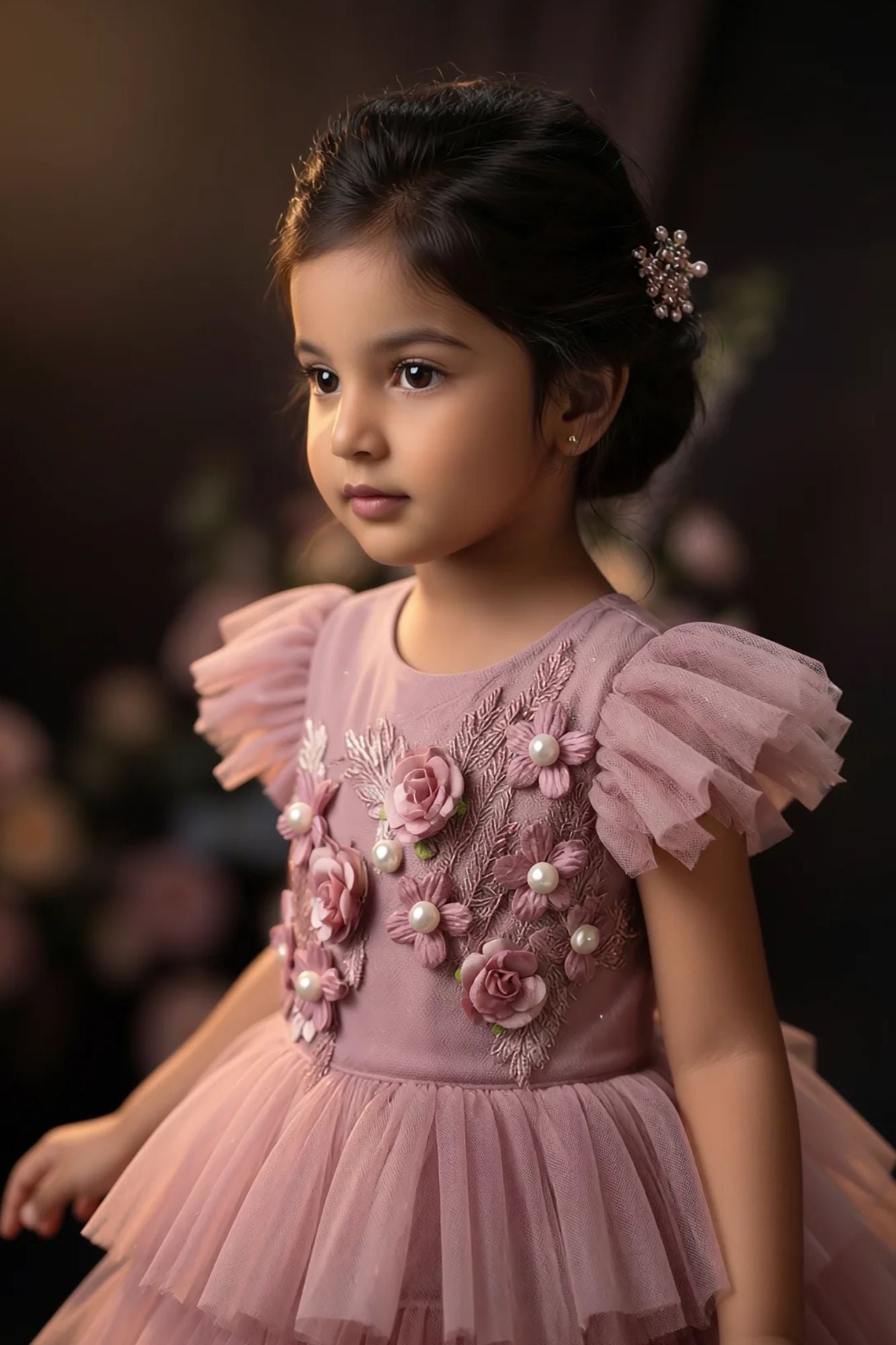 Girls Dusty Pink Layered Ruffle Party Gown with Floral Embellished Bodice