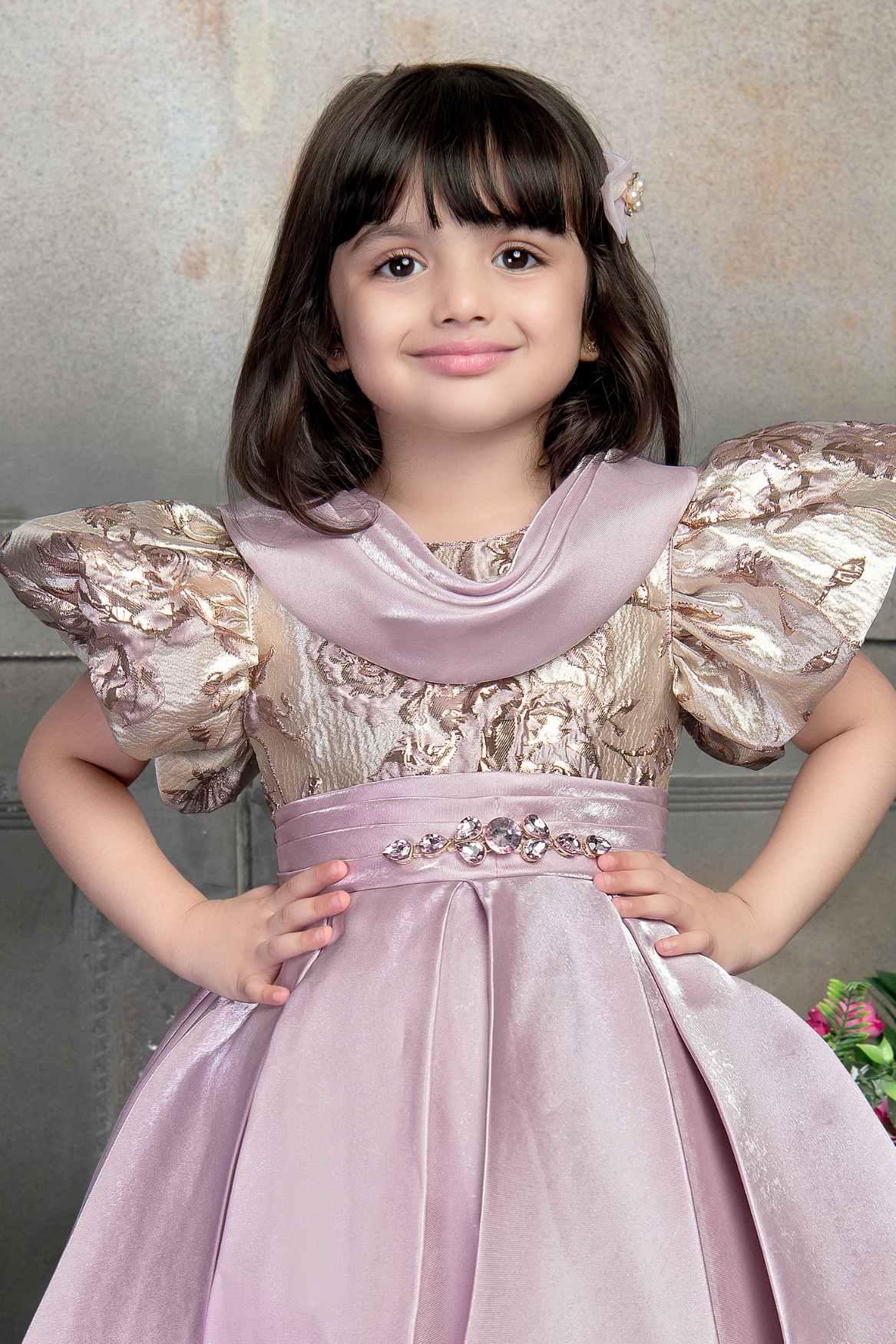 Pink Pleated Frock With Embossed Brocade Body For Girls - Lagorii Kids