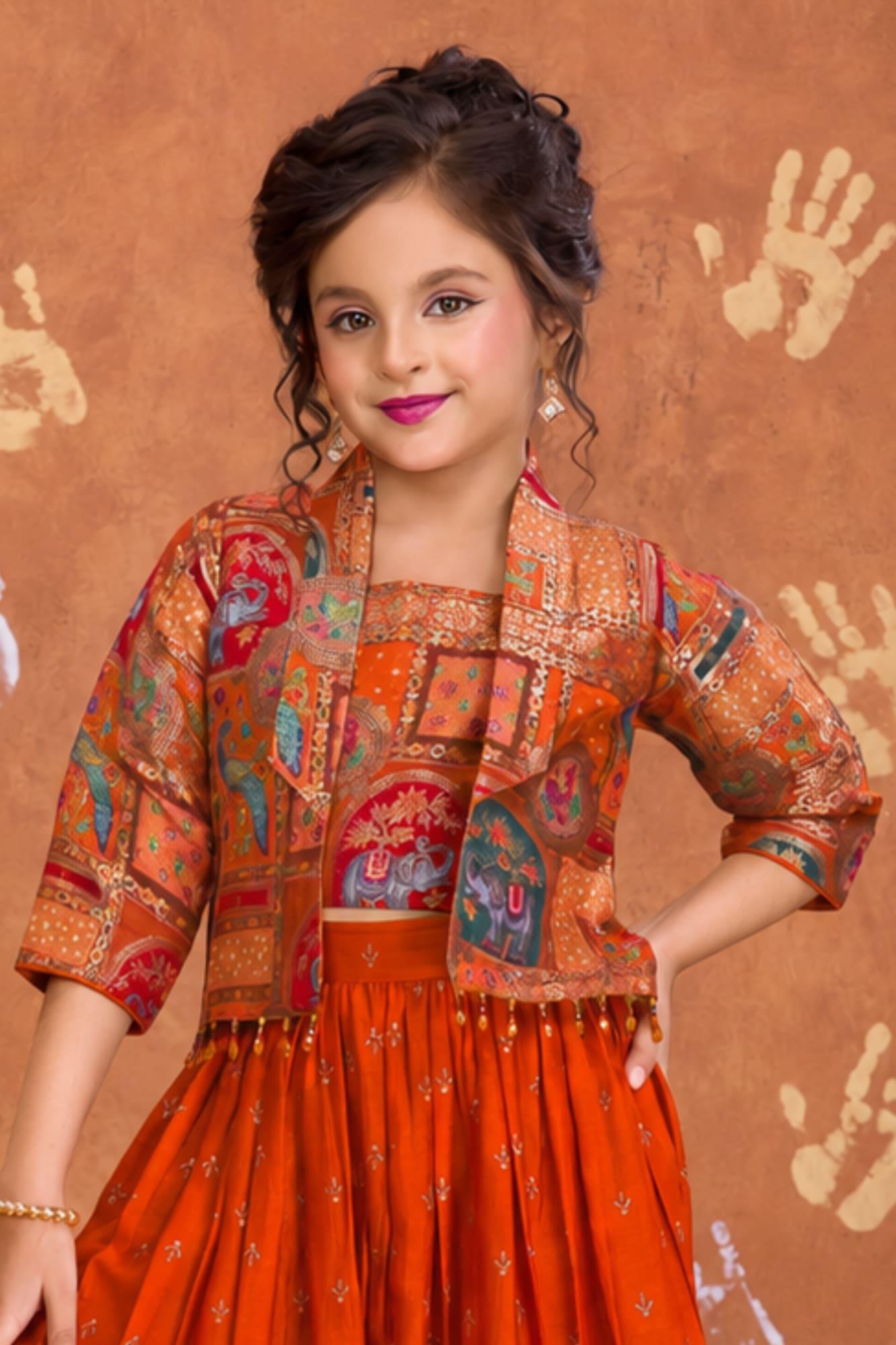 Girls Orange Printed Palazzo Set with Jacket and Palazzo Pants