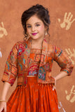 Girls Orange Printed Palazzo Set with Jacket and Palazzo Pants