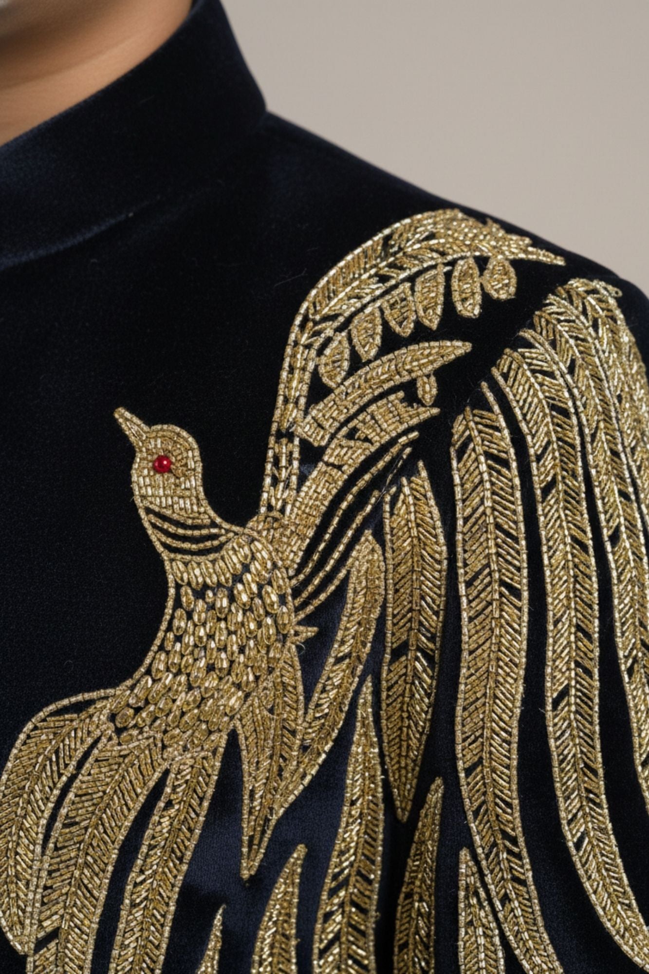 Navy Blue Embroidered Jodhpuri Suit Set With Golden Peacock Motif For Boys
