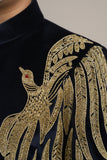 Navy Blue Embroidered Jodhpuri Suit Set With Golden Peacock Motif For Boys