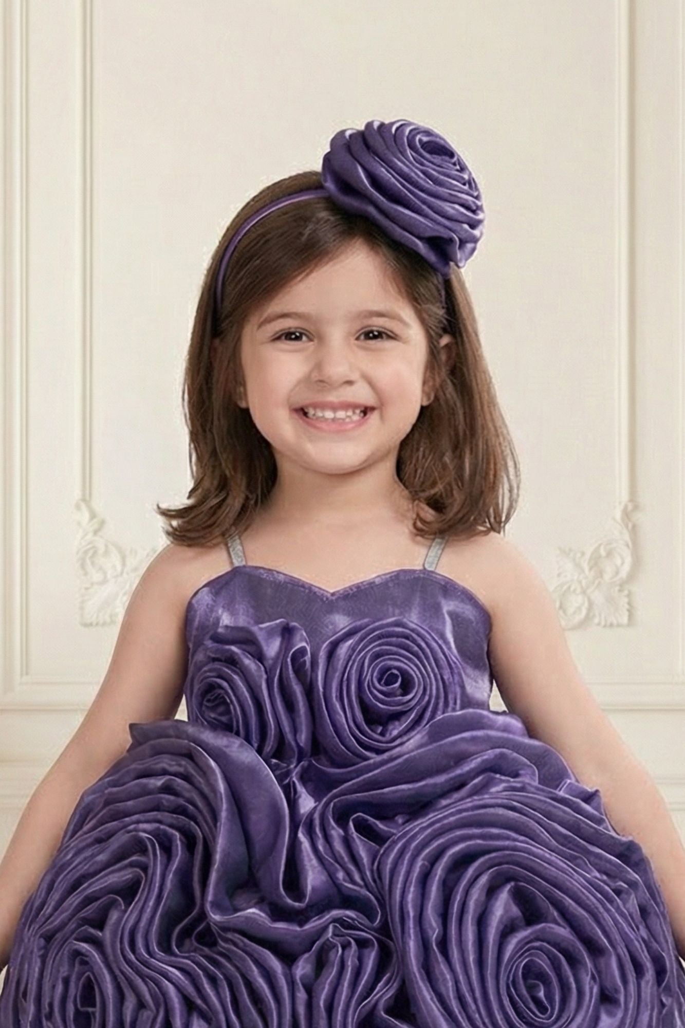 Royal Purple 3D Rosette Appliqué Party Wear  Frock For Girls