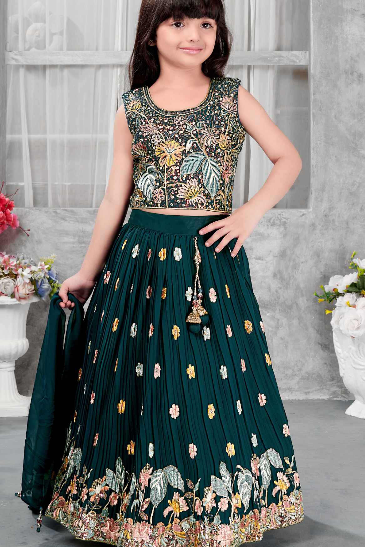 Teal Blue Floral Sequin Embroidered Lehenga Choli Set For Girls