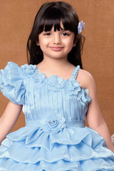 Sky Blue One Shoulder Sleeve And Floral Embellished Frock For Girls