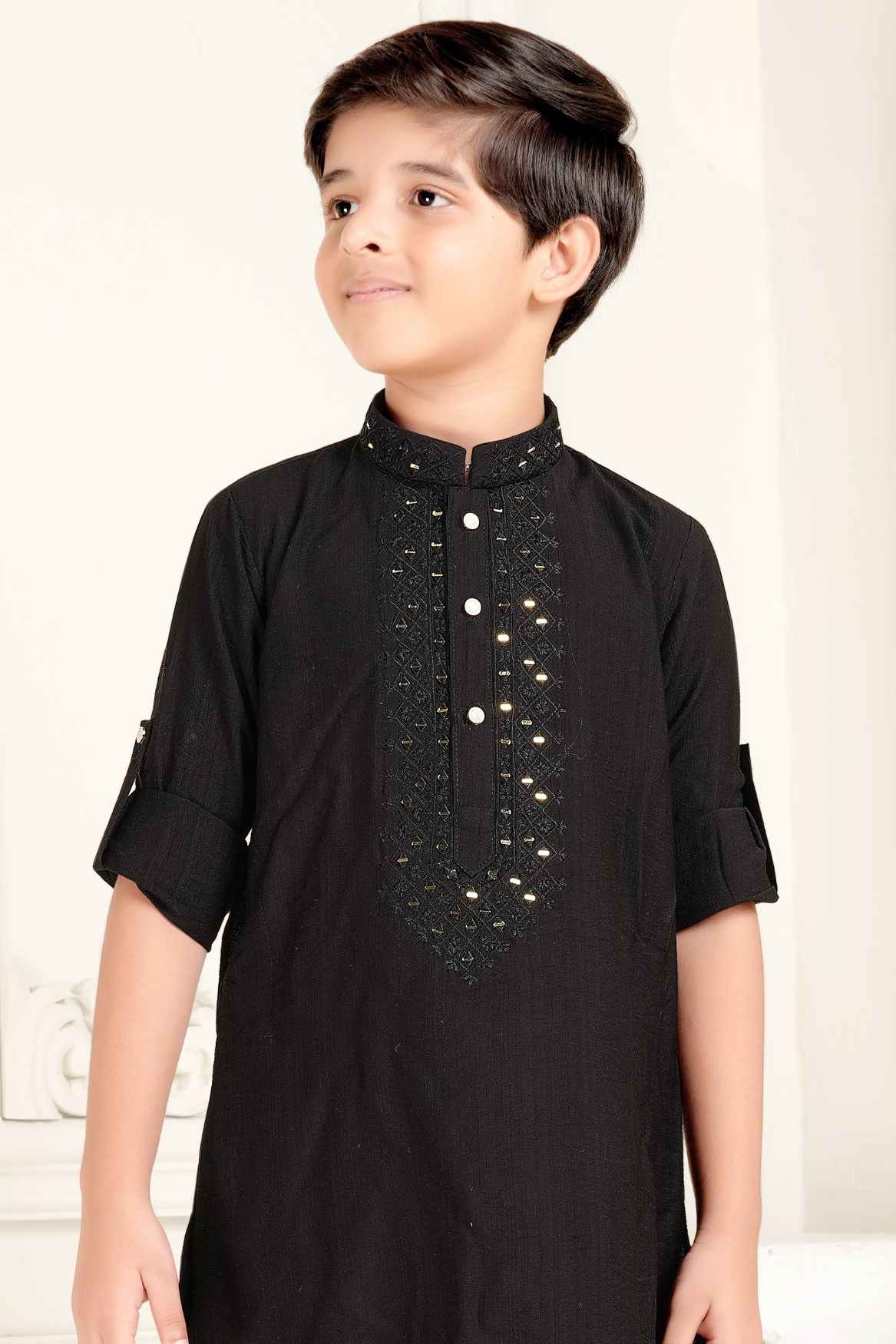 Black Mirror Work And Embroidery Pathani Kurta Set For Boys