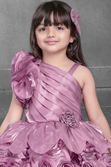 Onion Pink Sequin Designer Party Frock With Flower Embellishments For Girls