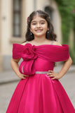 Rani Pink Off-Shoulder Pleated Bow Party Gown For Girls