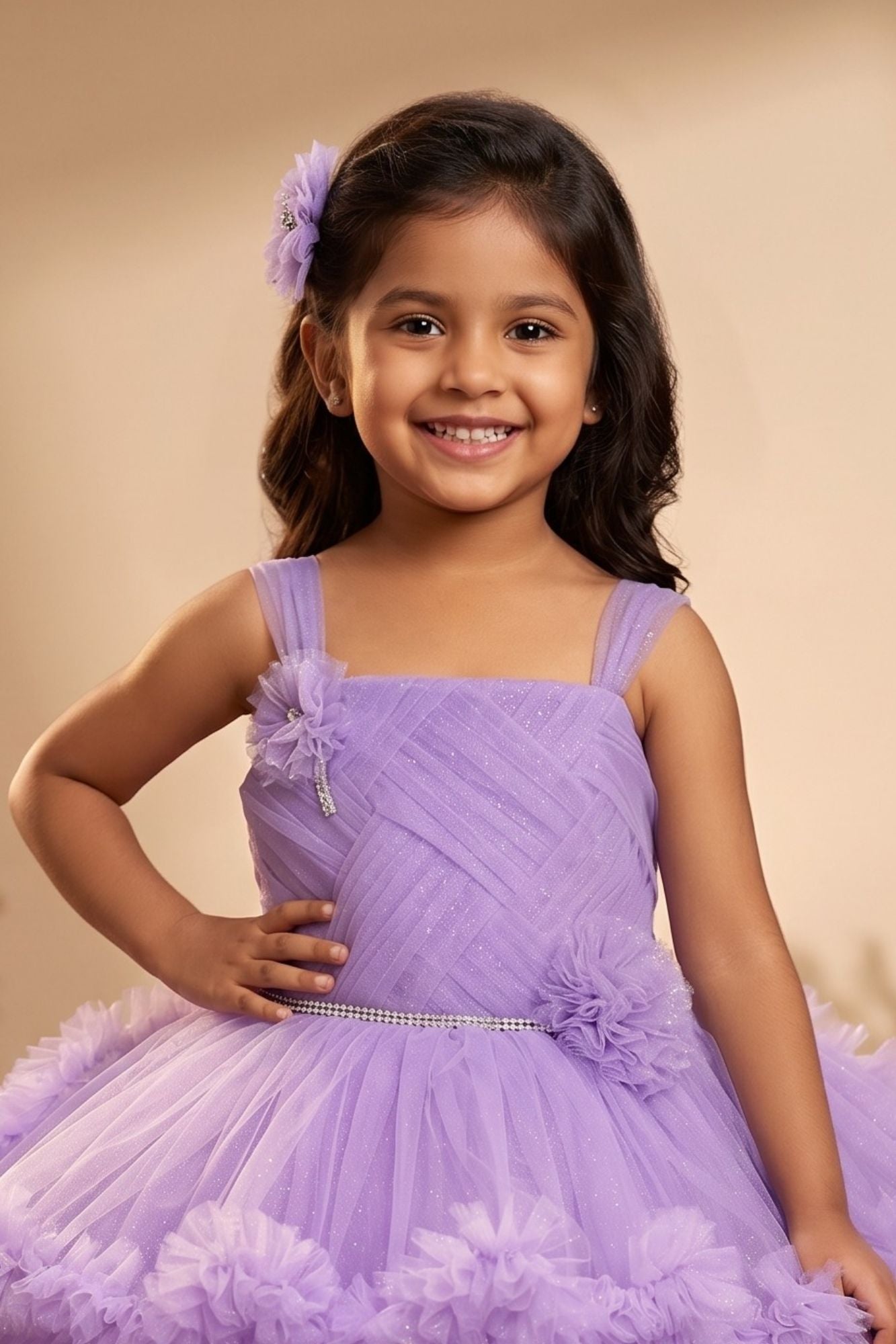 Purple Sleeveless Stone Work And Floral Embellished Tail Back Frock For Girls