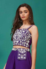 Purple Sleeveless And Sequin Embroidered Palazzo Set For Girls