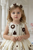 Girls Cream Embroidered Party Wear Frock with Floral Motif