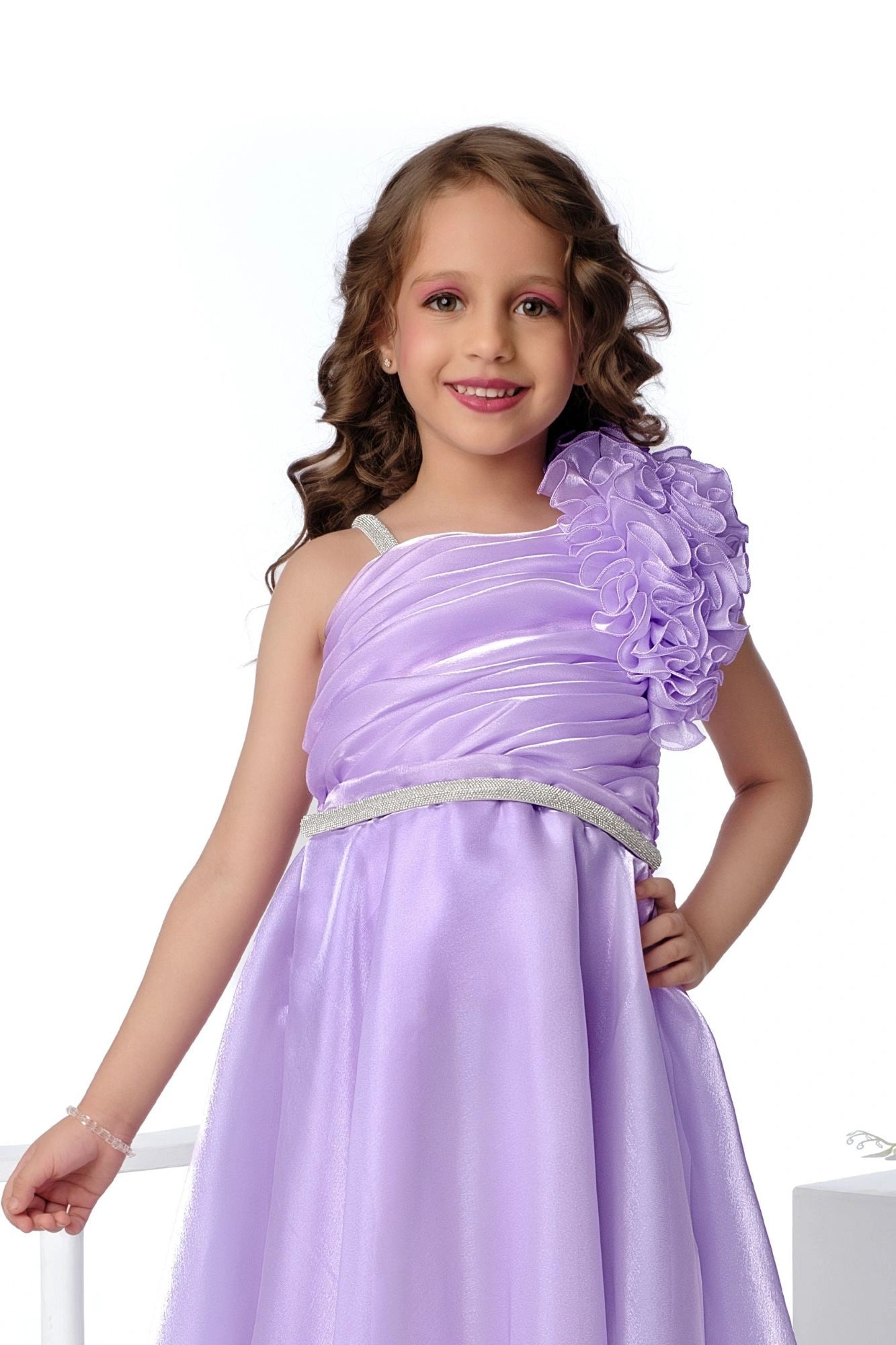 Designer Lavender Floral Appliqué Party Wear Gown For Girls