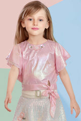 Fancy Shimmer Pink Top And White Skirt Set For Girls