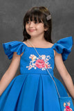 Blue Floral Embroidered Frock with Sling Bag For Girls