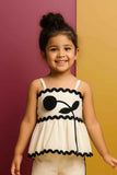 Cream Sleeveless With Black Flower Embellished Top And Co-Ord For Girls