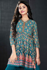 Teal Blue Printed And Mirror Work Top With Sharara Set For Girls