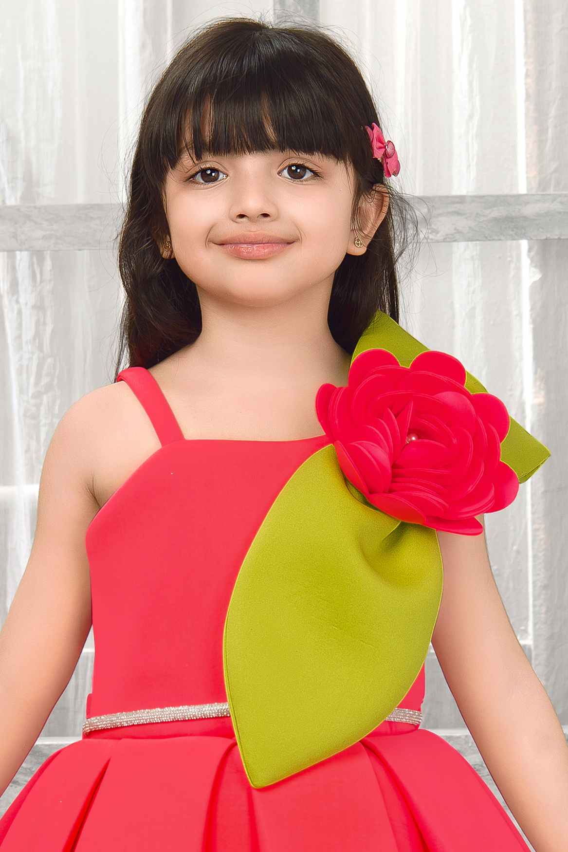 Carrot Red Floral Embellished Party Wear Frock For Girls