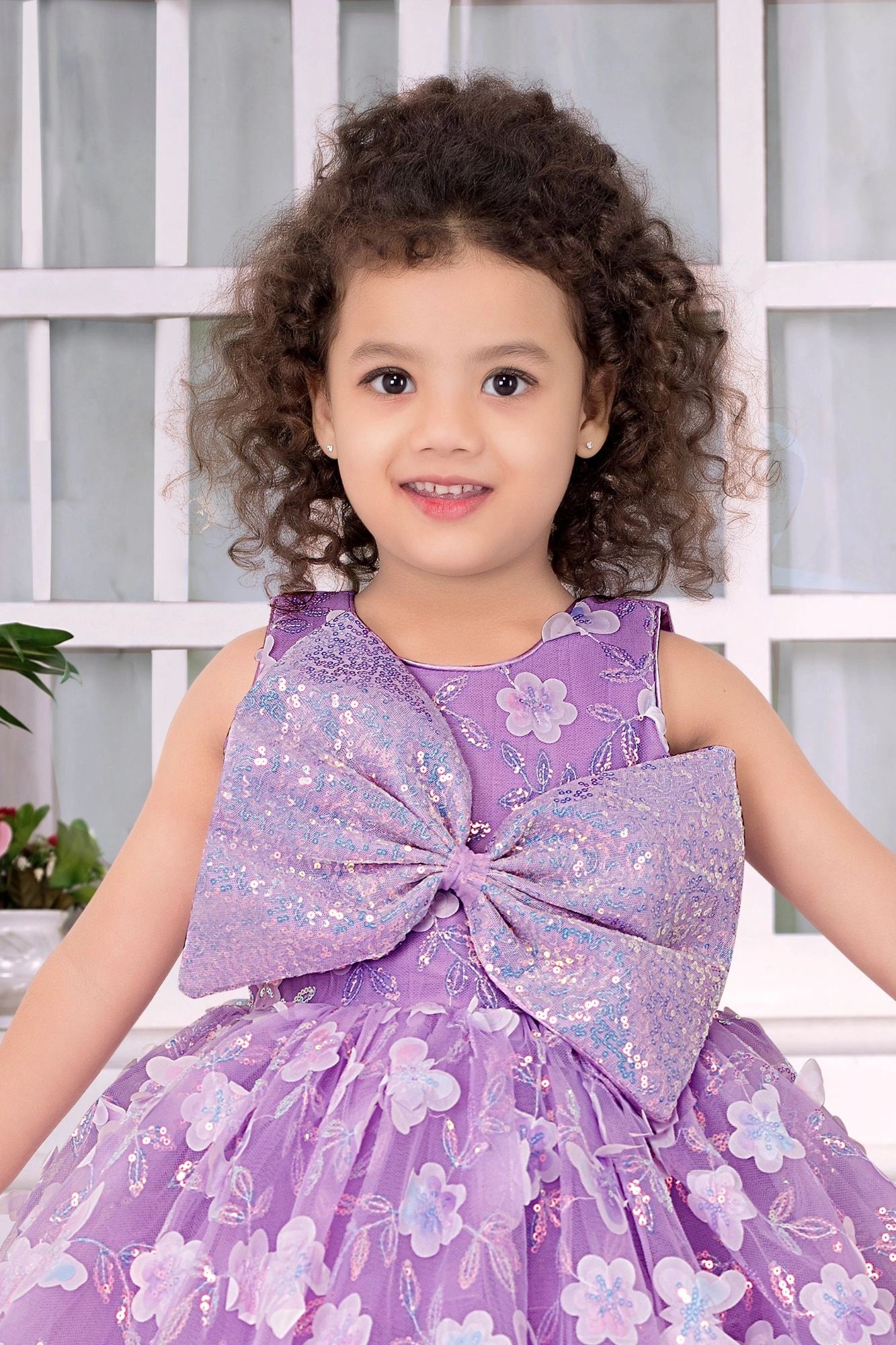 Lavender Party Wear Frock with Oversized Sequin Bow and 3D Floral Embroidery For Girls