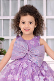 Lavender Party Wear Frock with Oversized Sequin Bow and 3D Floral Embroidery For Girls