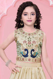 Cream Lehenga Choli Set With Peacock Embroidery And Dupatta For Girls
