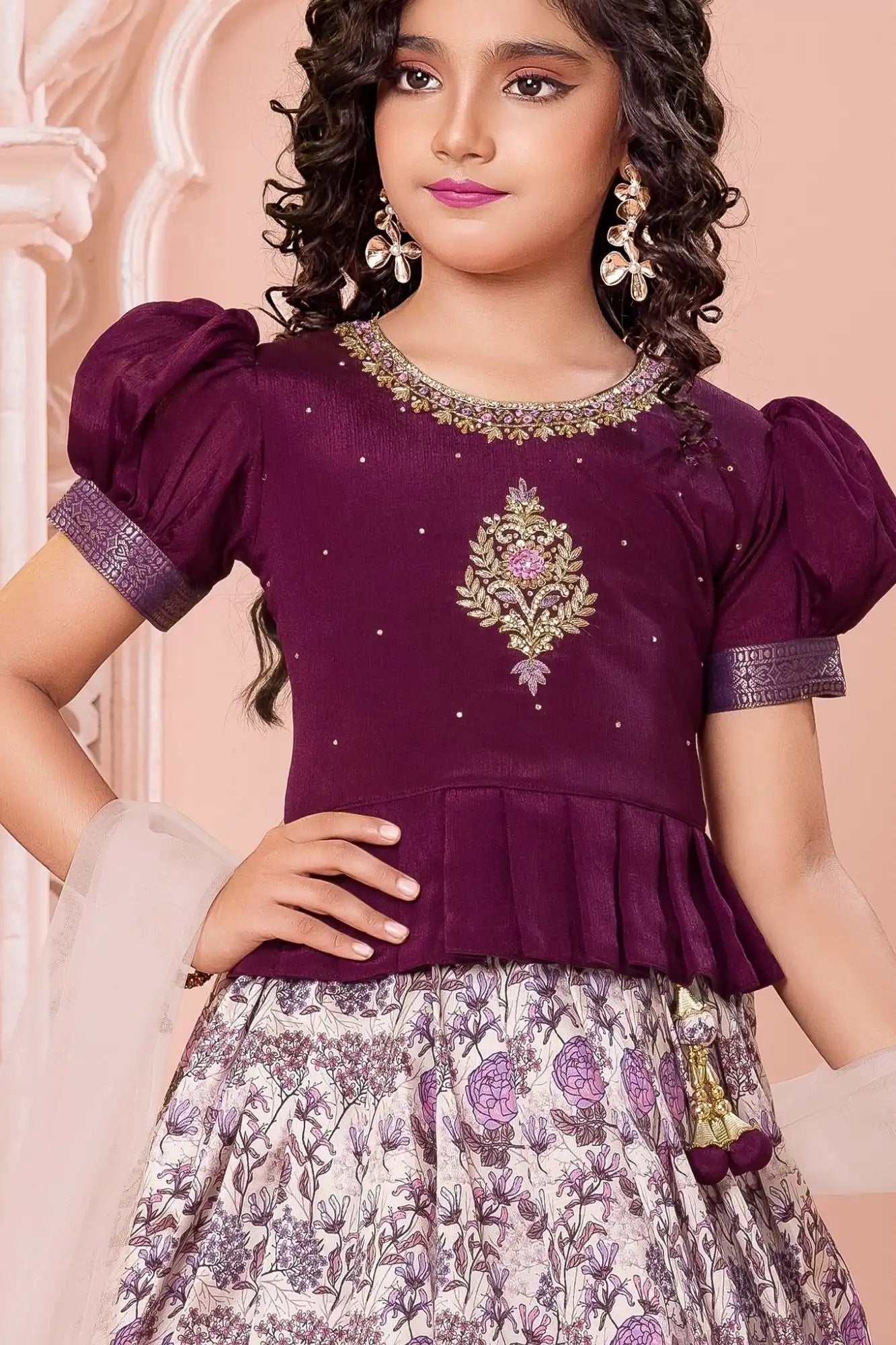 Purple Printed Pattu Pavadai Set with Zari Work For Girls