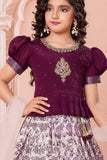 Purple Printed Pattu Pavadai Set with Zari Work For Girls
