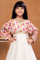 Off White Floral Printed And Sequined Gown For Girls