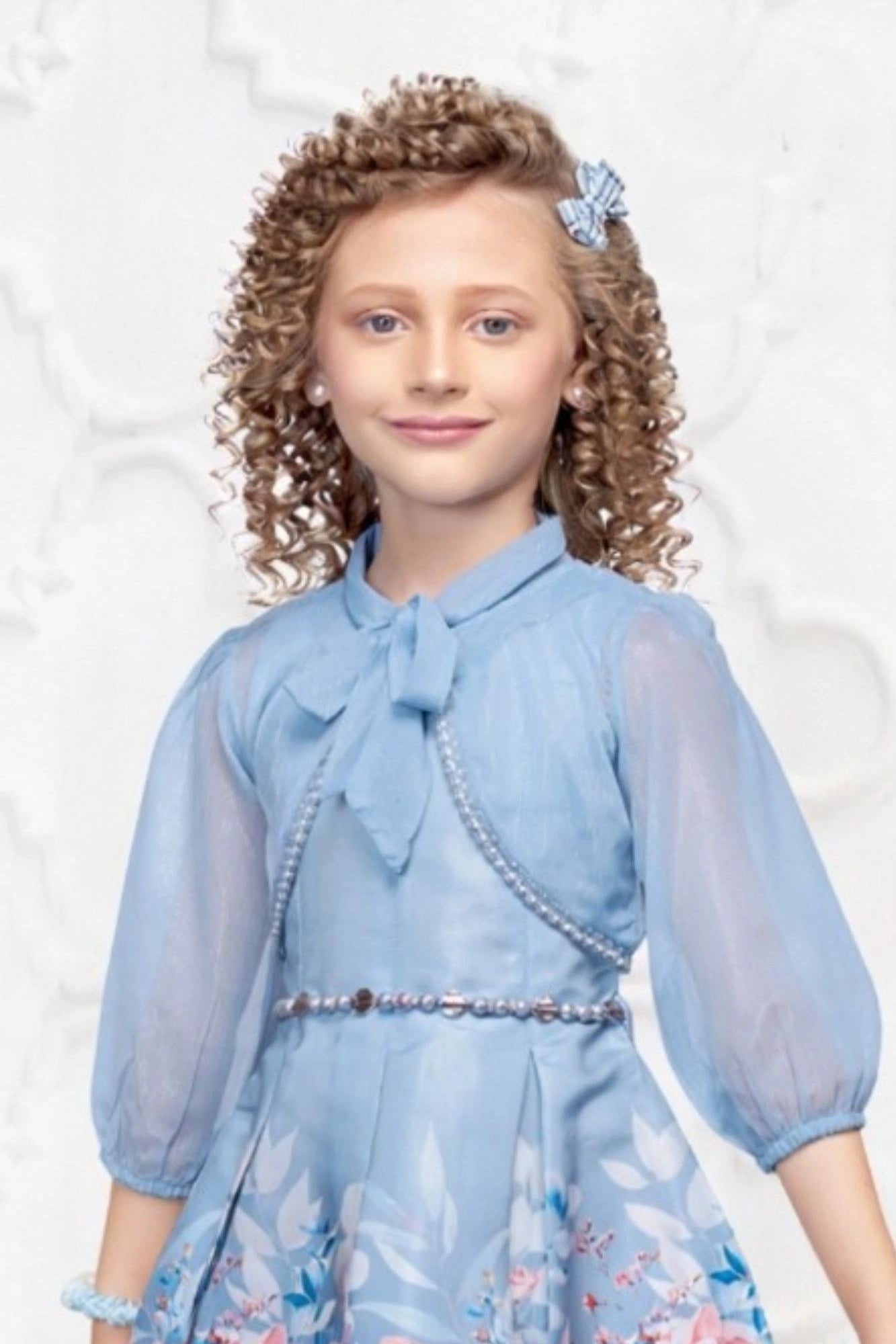 Blue Floral Fit & Flare Party Dress with Jacket For Girls
