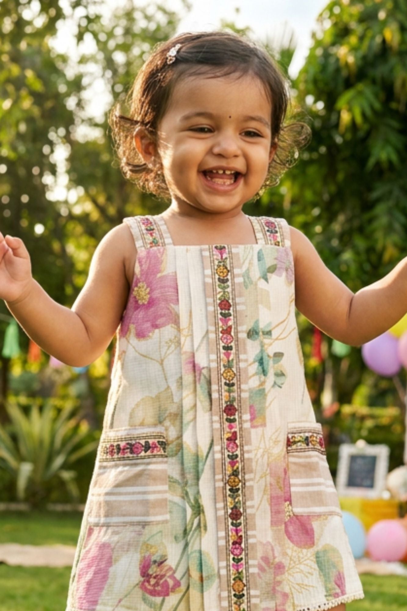 Girls Multicolor Floral Printed  Sleveless Dress with Embroidered Panel