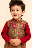 Maroon Kurta Set With Multicolor Brocade Jacket For Boys