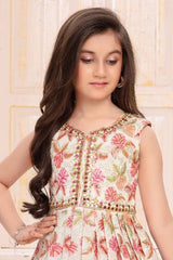 Elegant Cream Sequins And Mirror Work With Floral Printed Ethnic Gown For Girl