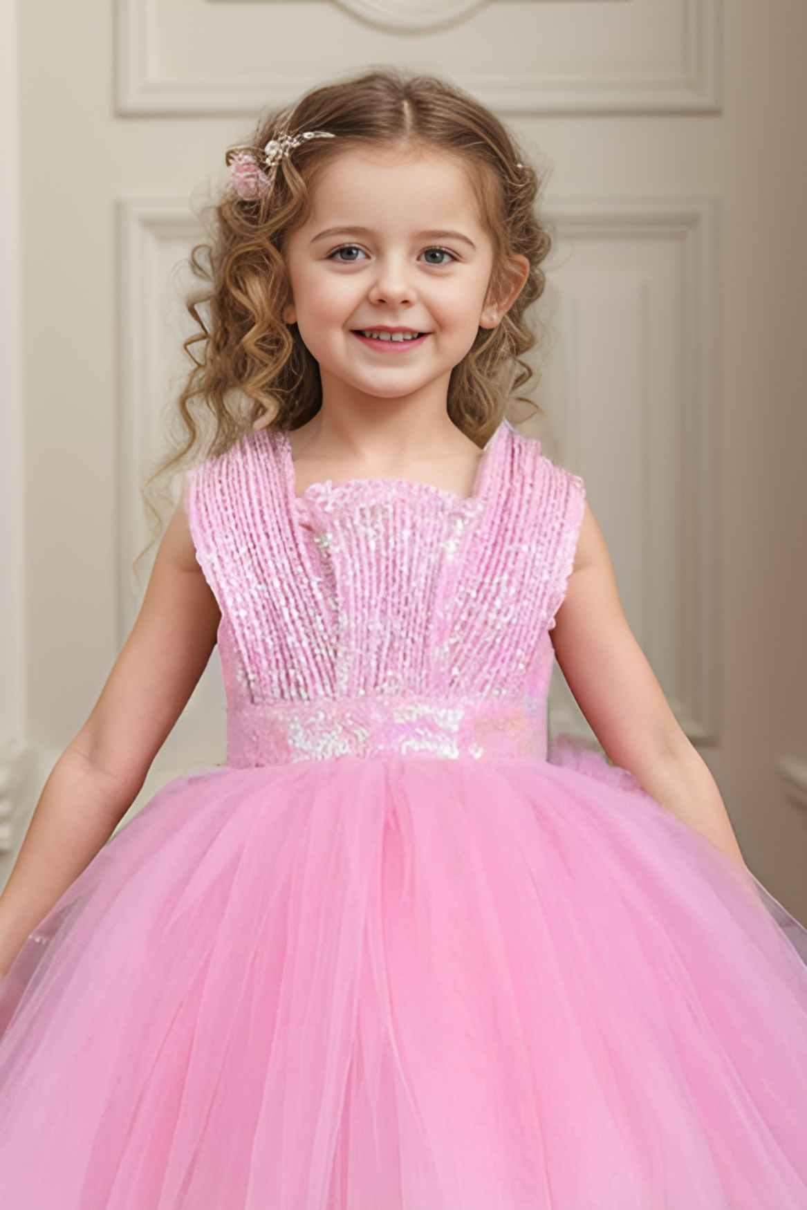 Designer Pink Sequin Partywear Net Tailback Frock For Girls - Lagorii Kids