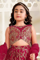 Maroon Mirror Work And Embroidered With Printed Lehenga Choli Set For Girls