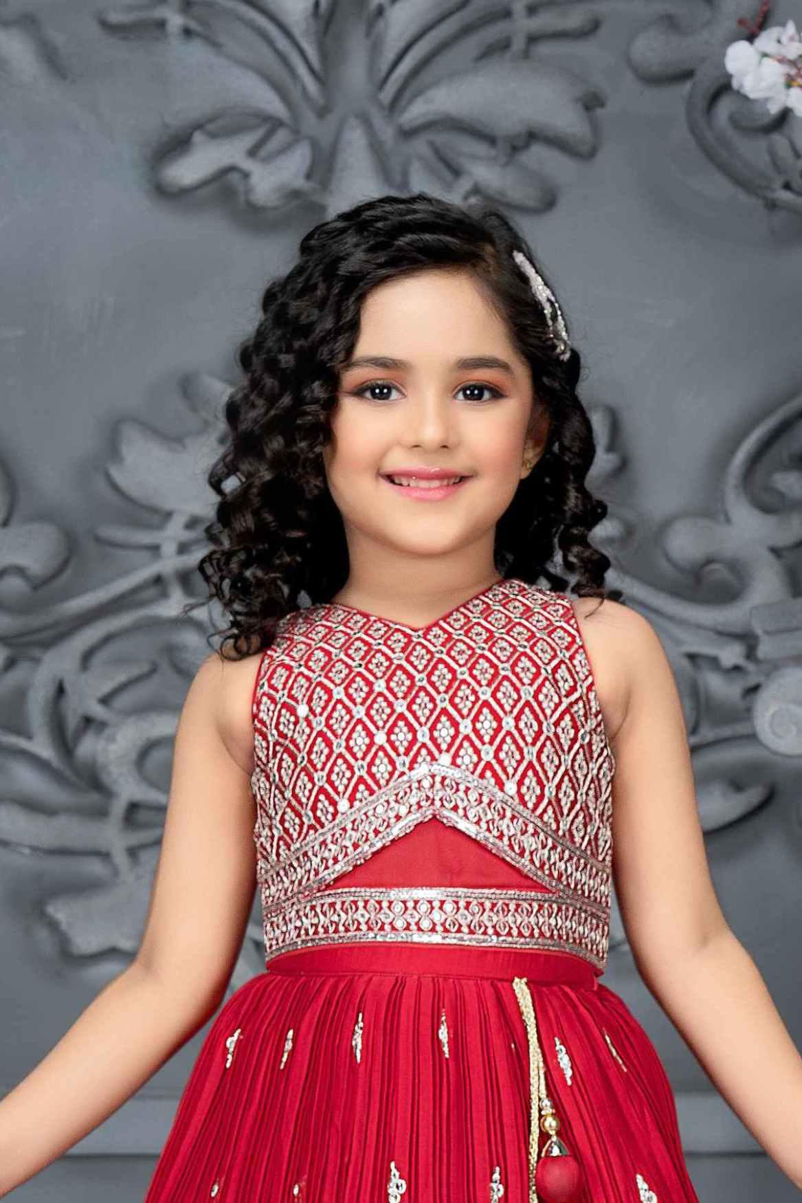 Stylish Red Lehenga with Silver Embroidery For Girls - Lagorii Kids