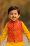 Yellow Kurta with Orange Block Printed Nehru Jacket & White Dhoti Set For Boys