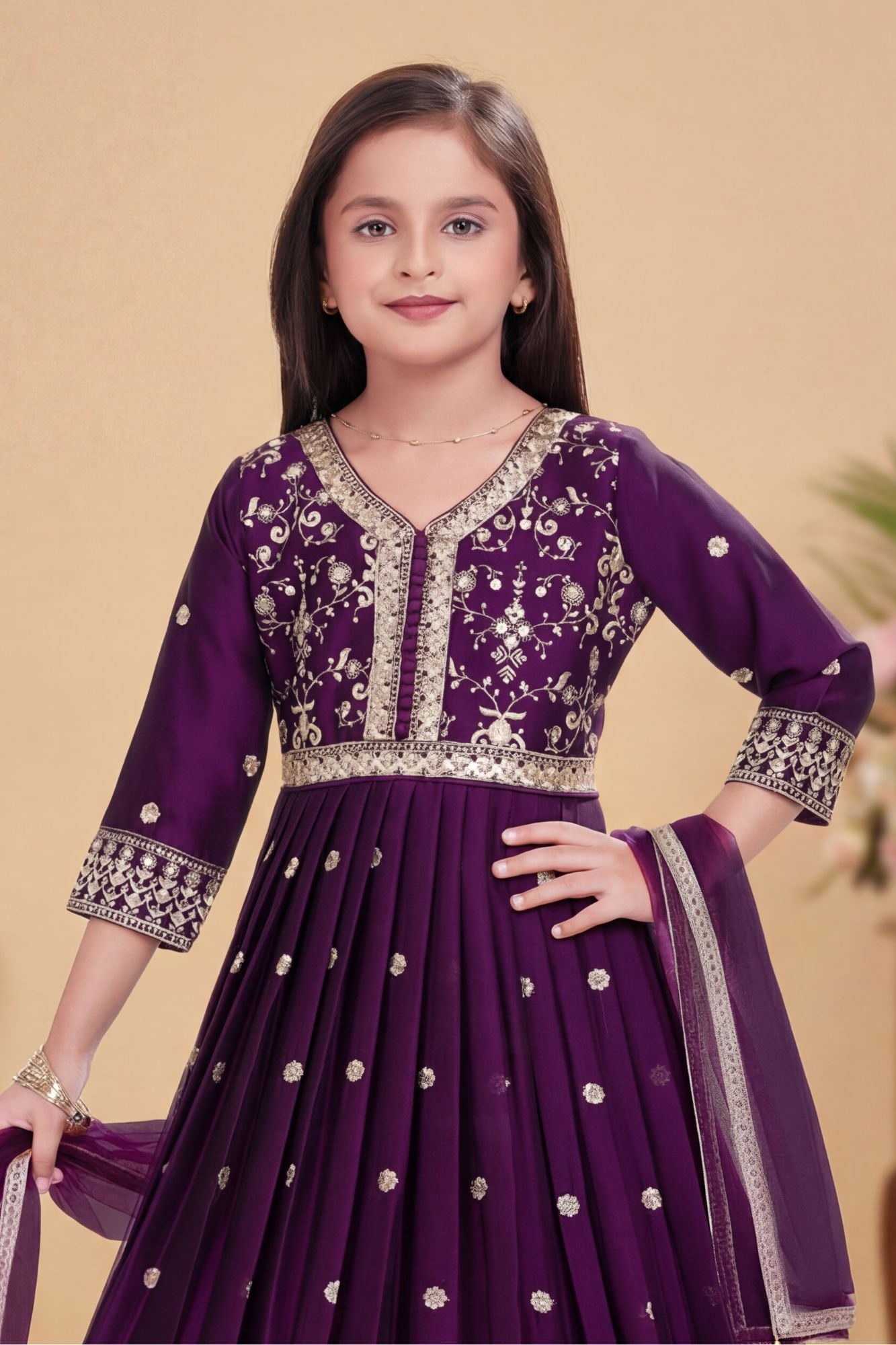 Wine Sequins Work And Zari Embroidered Ethnic Gown For Girls