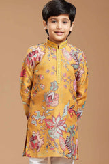 Mustard Full Sleeves With Floral Print And Embroidered Ethnic Kurta For Boys